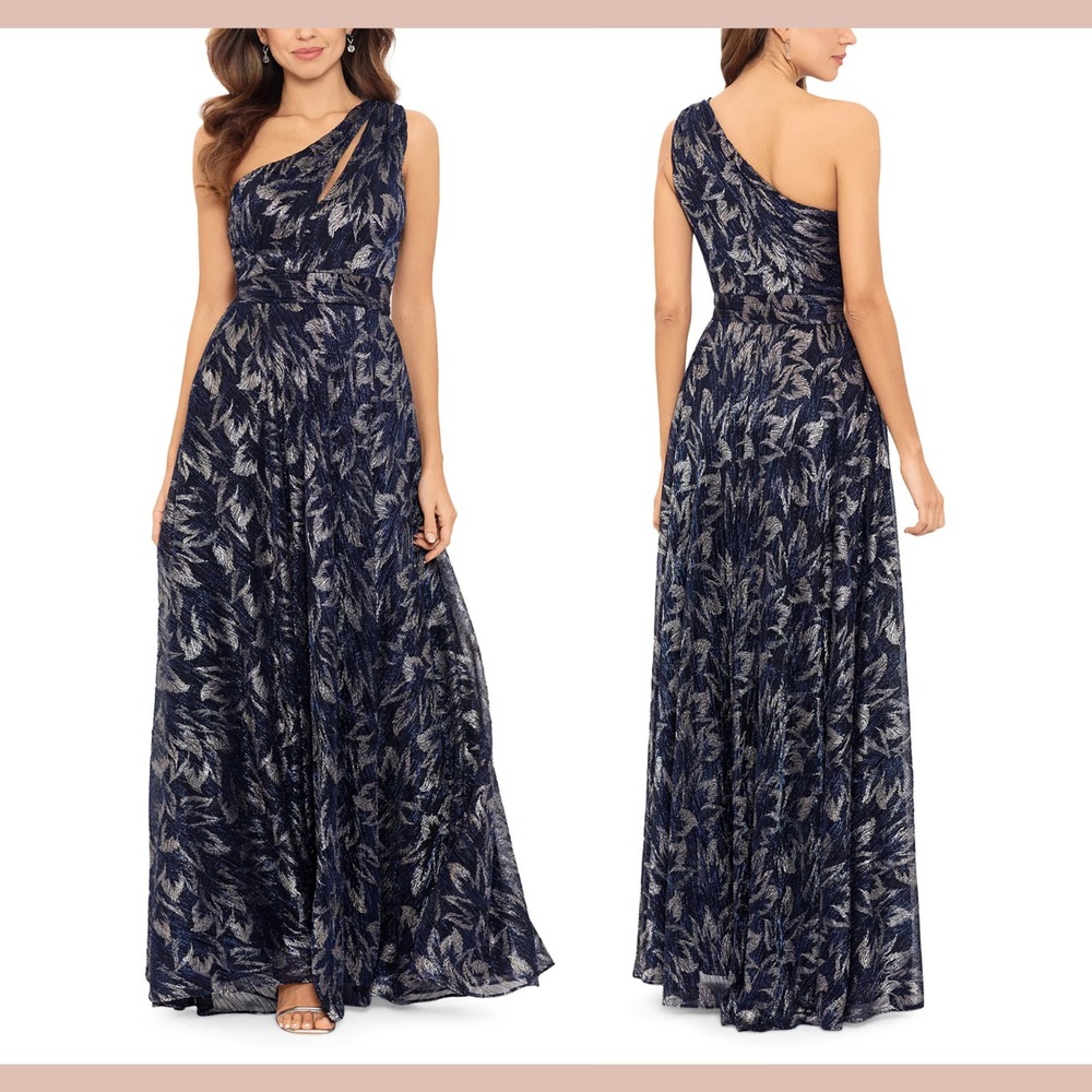 NWT $279 Betsy & Adam [‎ 2 ] Metallic-Floral One-Shoulder Gown in Blue #Q1234